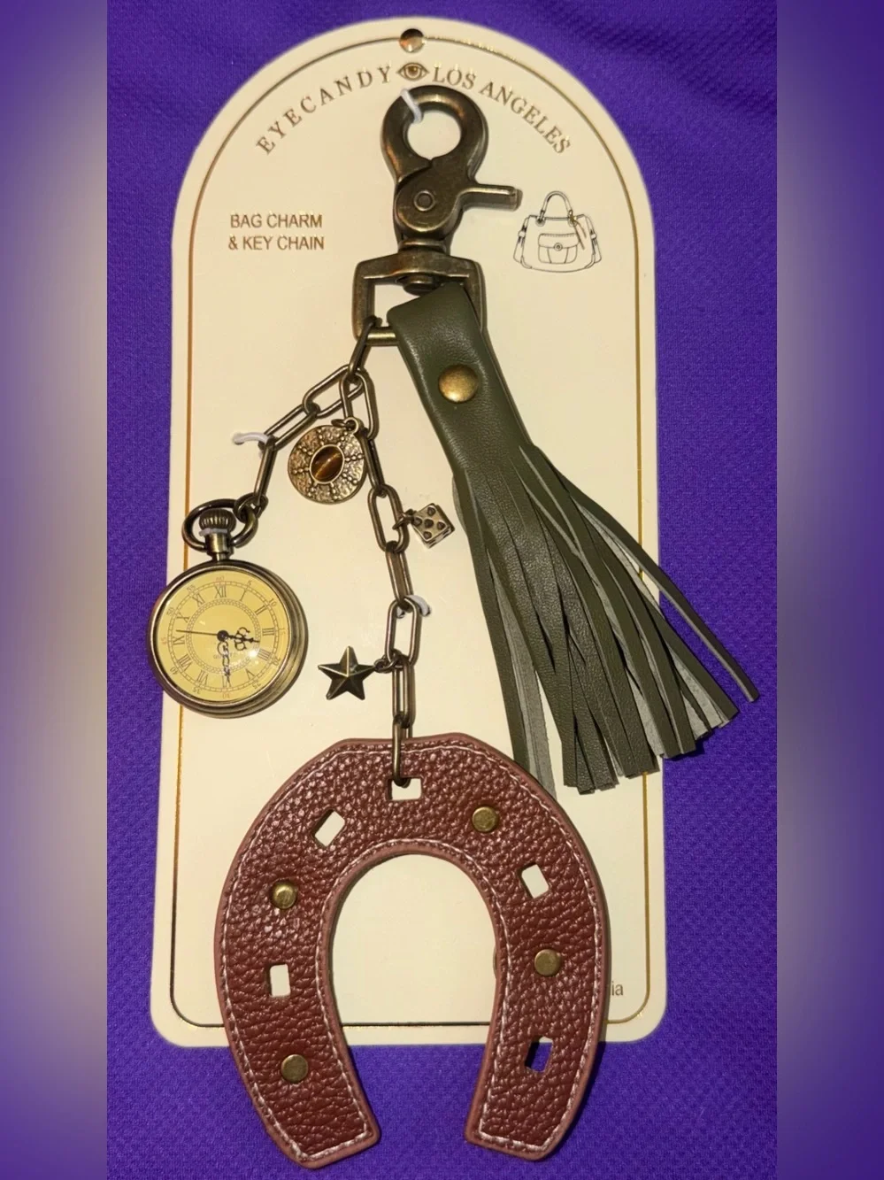 Brown Horseshoe & Olive Tassel Key & Card Holder Charm